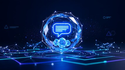 Holographic sphere with glowing blue chat bubble icon on digital cyber background for AI chatbot and virtual assistant concept