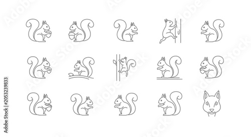 Outlined squirrel icons set playful poses and activities on white background