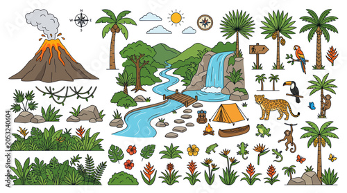 Photography Jungle Adventure Elements: Volcano, Waterfall, Animals, Tropical Plants, Tent, C
