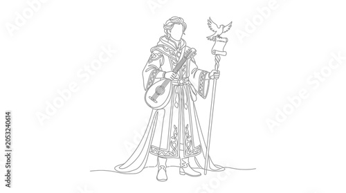 Bild auf Leinwand Fantasy Bard Character Line Art with Lute and Bird Staff