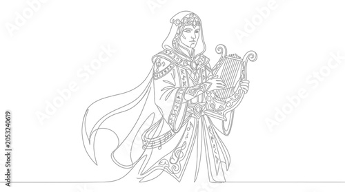 Foto Fantasy Bard Character Line Art: Musician with Lyre, Elegant Robes, Hooded Figur