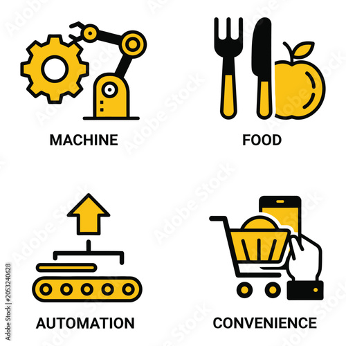 Vector art of four yellow and black icons symbolizing industrial automation, food, manufacturing, and convenience