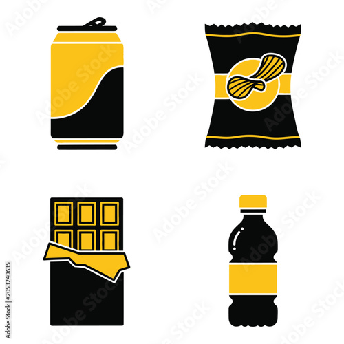 Vector art of set of four flat icons representing snacks and drinks soda can, chip bag, chocolate bar, and water bottle
