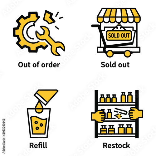 Vector art of four flat icons illustrating business and retail concepts out of order, sold out, refill, and restock