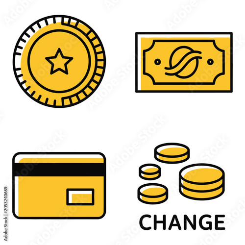 Vector art of set of four yellow and black finance icons including a coin, banknote, credit card, and coins with the word change
