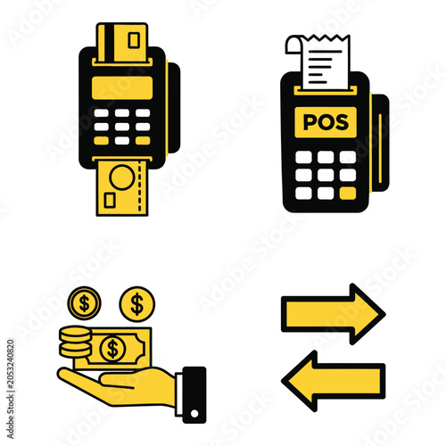 Vector art of icons showing payment processing card insertion, pos receipt, cash handling, and transaction flow