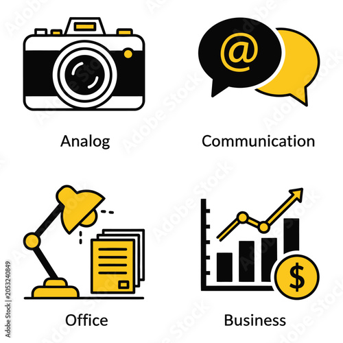 Vector art of four flat design icons illustrating concepts analog camera, communication, office lamp with papers, and business growth chart