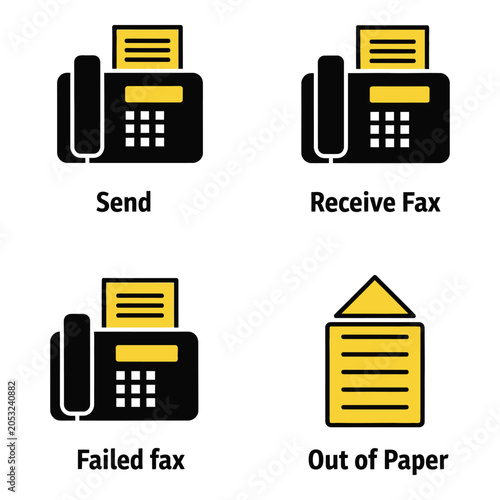 Vector art of four flat icons depicting fax machine functions sending, receiving, failed fax, and out of paper