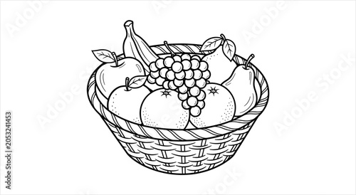 Bild auf Leinwand A detailed line drawing of a woven basket overflowing with fresh fruit
