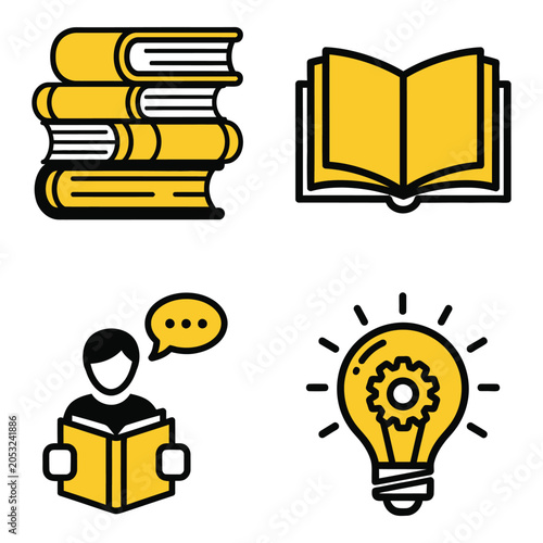 Vector art of four icons illustrating the process of learning and gaining knowledge through reading and ideas