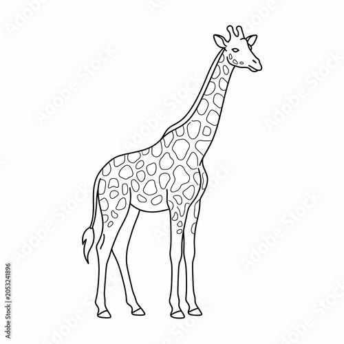 Standing giraffe illustration, simple black and white coloring page for kids