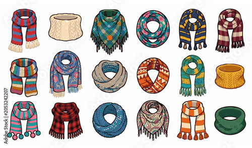 Schilderij op canvas Cartoon Scarves and Shawls Vector Set with Colorful Winter Fashion Accessories