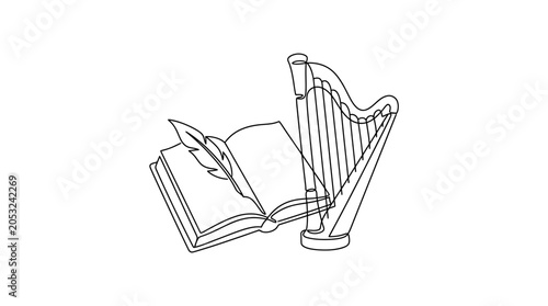 Photos Open Book with Feather Pen and Harp - Symbolizing Literature, Music, and Creativ