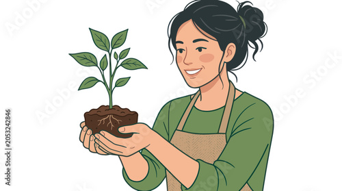 Cuadro en lienzo Young woman holding a small plant with roots and soil, gardening concept