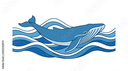 Bild auf Leinwand Blue whale swimming through stylized ocean waves, marine life illustration