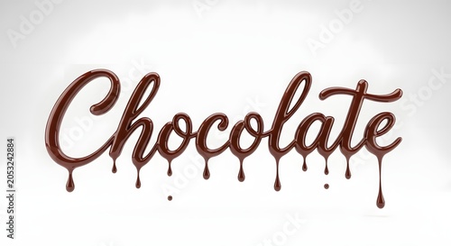 The word chocolate written in elegant, glossy, liquid chocolate typography isolated on white background
