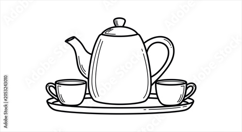 Hand-drawn illustration of a teapot with two cups on a tray.