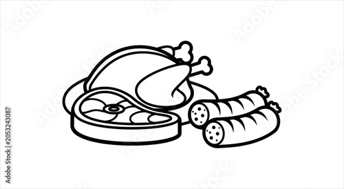 Illustration of a cooked chicken steak and sausages.