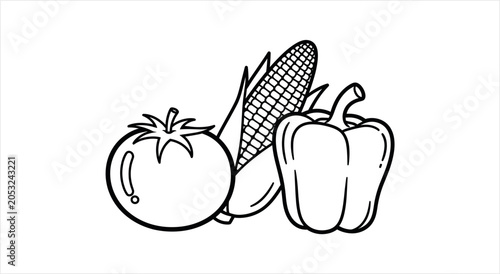 Line Art Illustration of Fresh Vegetables Tomato Corn Pepper.