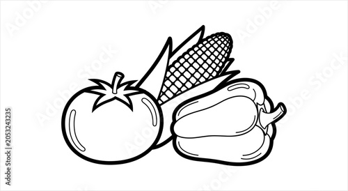 Line Art Illustration of Fresh Vegetables Tomato Corn Pepper.