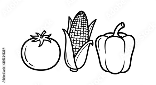 Line Art Illustration of Tomato Corn and Bell Pepper.