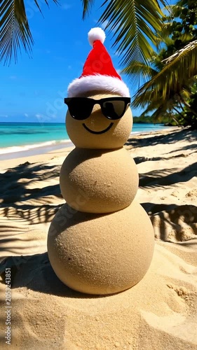 Sand snowman wearing Christmas Santa hat and sunglasses on sunny tropical beach