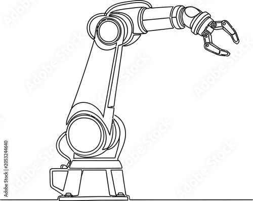 A detailed line drawing of an industrial robotic arm standing on a plain white background surface.