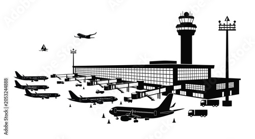 Airport terminal with planes and control tower
