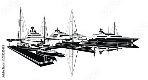 Black and white illustration of yachts in a marina