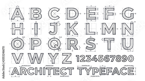 Architectural Blueprint Font: Alphabet Letters and Numbers with Technical Drawings