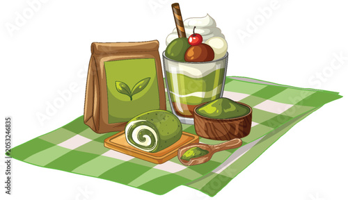 Matcha Green Tea Dessert Set with Parfait and Swiss Roll