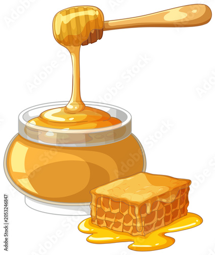 Golden Honey Dripping from Dipper into Glass Jar with Honeycomb