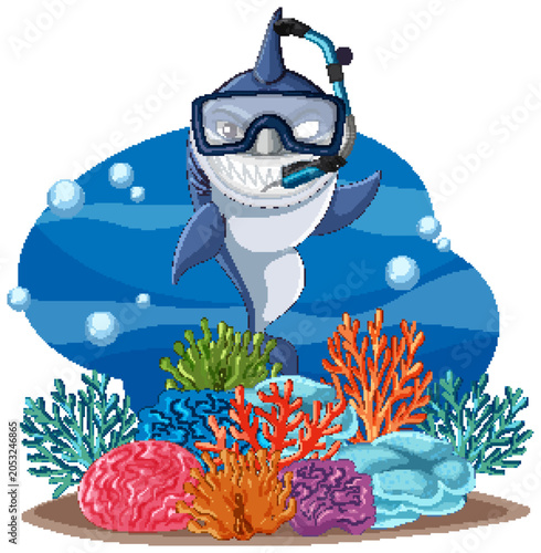 Cartoon Shark Wearing Scuba Diving Mask and Snorkel Near Coral Reef