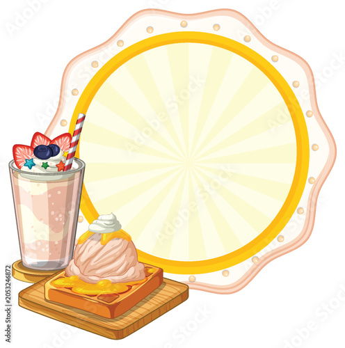 Vector Illustration of Milkshake and Waffle with Blank Circular Frame