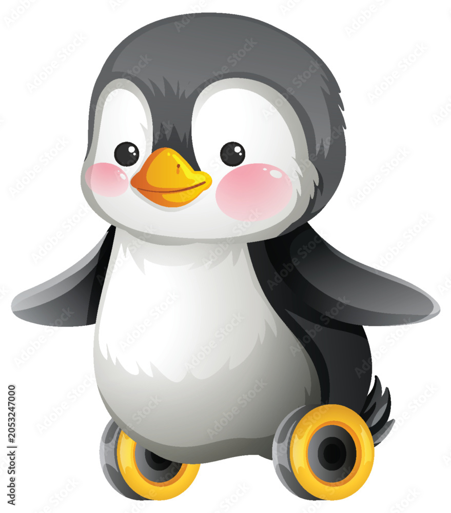 Obraz premium Cute Baby Penguin Toy with Wheels Vector Illustration
