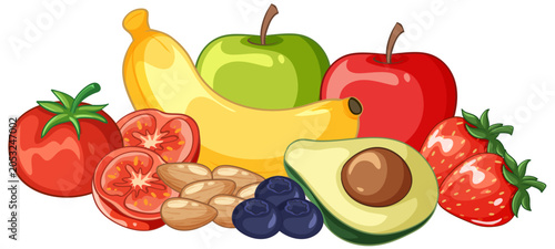 Assorted Fresh Fruits and Vegetables Vector Illustration on White Background