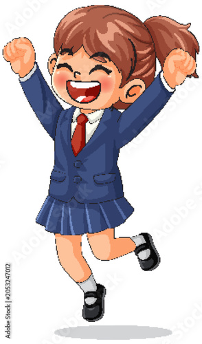 Happy Schoolgirl Jumping in Uniform with Raised Arms