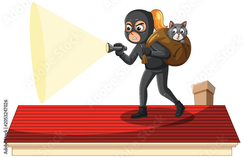 Burglar Sneaking on Rooftop With Cat in Sack