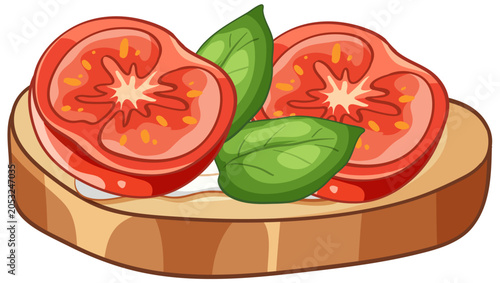 Vector Illustration of Tomato and Basil Bruschetta on Toasted Bread