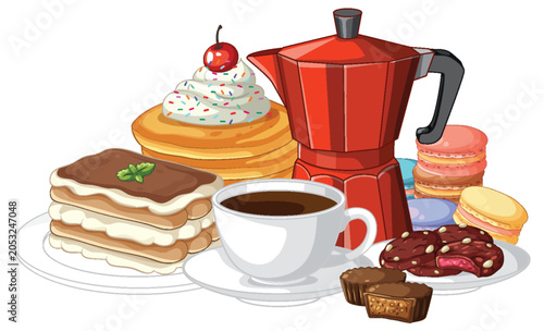 Vector Illustration of Coffee Moka Pot with Assorted Italian Desserts