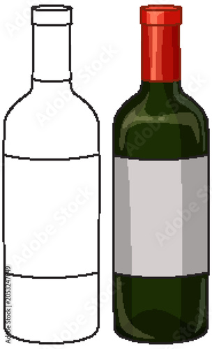 Vector Illustration of a Wine Bottle in Color and Line Art