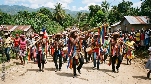 Traditional Haitian Rara Band Parade in Rural Village Celebration