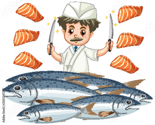 Cartoon Sushi Chef Holding Knives with Fresh Salmon and Whole Fish