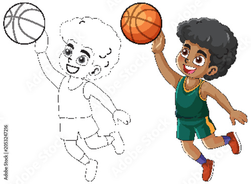 Cartoon Boy Jumping to Shoot Basketball in Color and Line Art