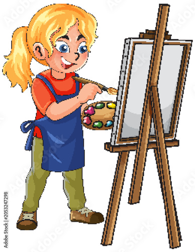 Cartoon Illustration of a Young Blonde Girl Painting on a Canvas