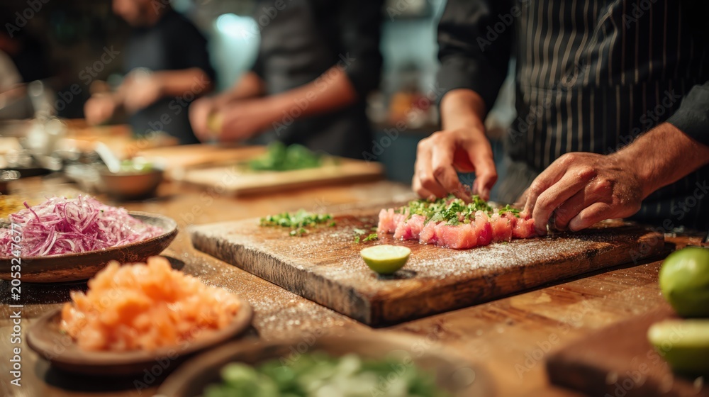 Obraz premium Tourists Learning Ceviche in Peruvian Cooking Class