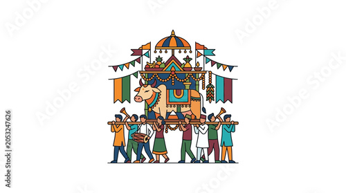 Schilderij op canvas Indian Festival Procession with Sacred Cow Palanquin Illustration