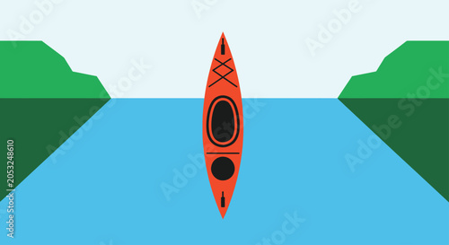Top-down view of an orange kayak floating on calm blue water between green hills