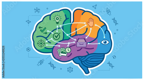 Abstract illustration of human brain functions showing mental processes, cognition, memory, and sensory perception with colorful sections and icons