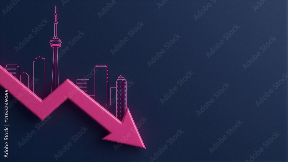 Naklejka premium Pink arrow points down against city skyline symbolizing economic
